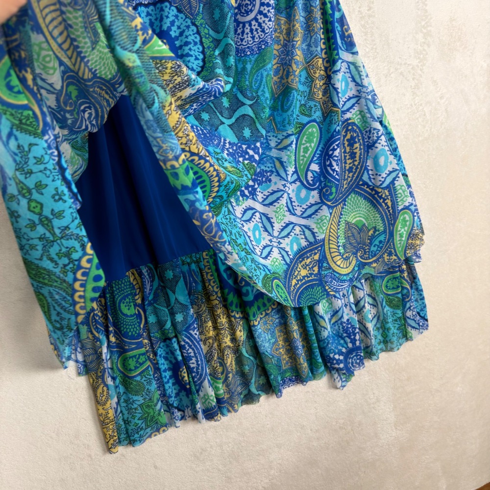 Chico's Blue Green Paisley Mesh Handkerchief Hem Pull On Midi Skirt Size XL - Picture 3 of 8